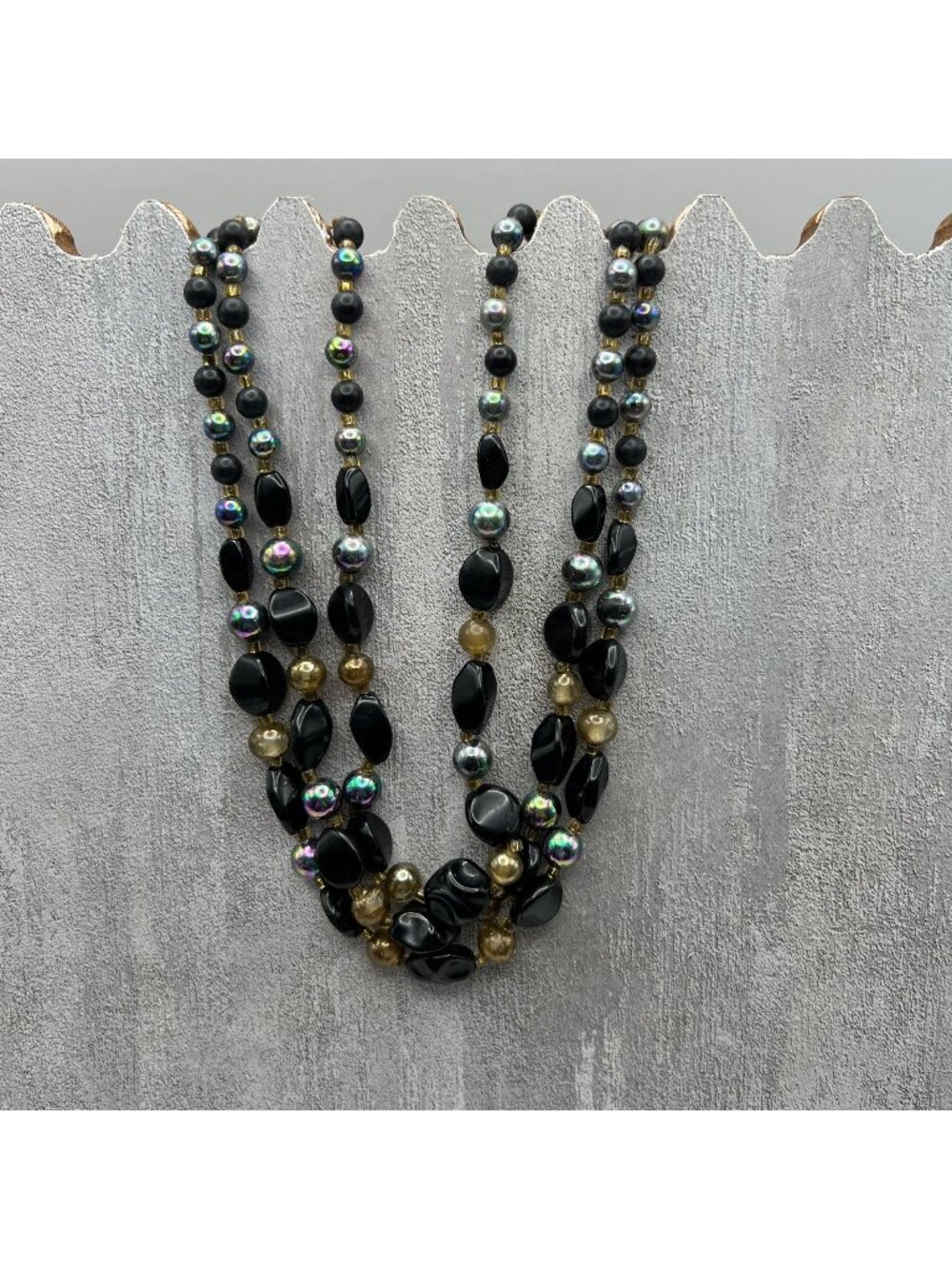 Black & Gold Multi-Strand Beaded Necklace With Iridescent Accents
